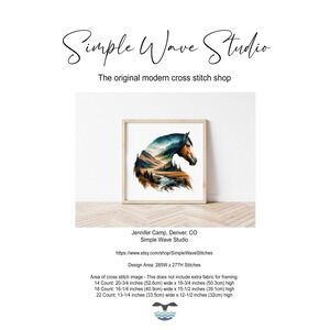 Horse Landscape Mountain Stream‎ Counted Cross Stitch Pattern Chart